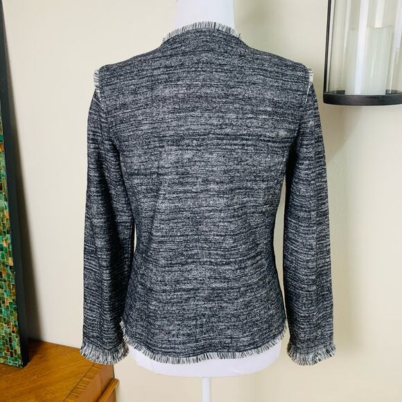 Banana Republic Sz S Asymmetrical Tweed Fringe Blazer Jacket Black Gray Career - Picture 7 of 9